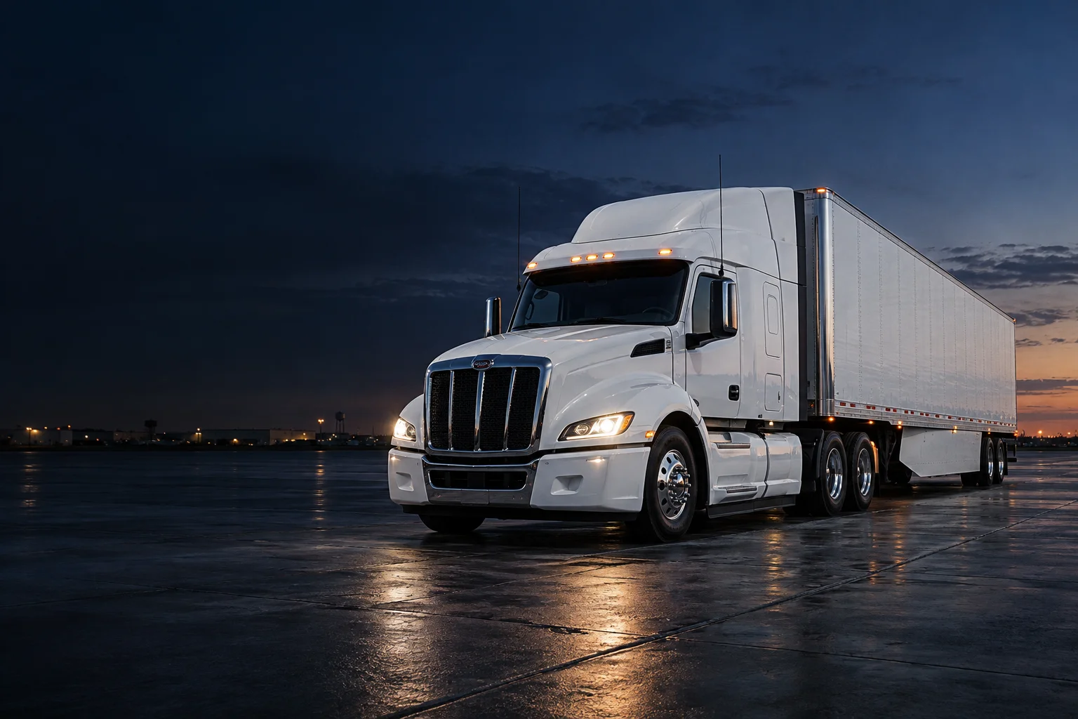 Illustrative white commercial truck and trailer on wet pavement at dusk